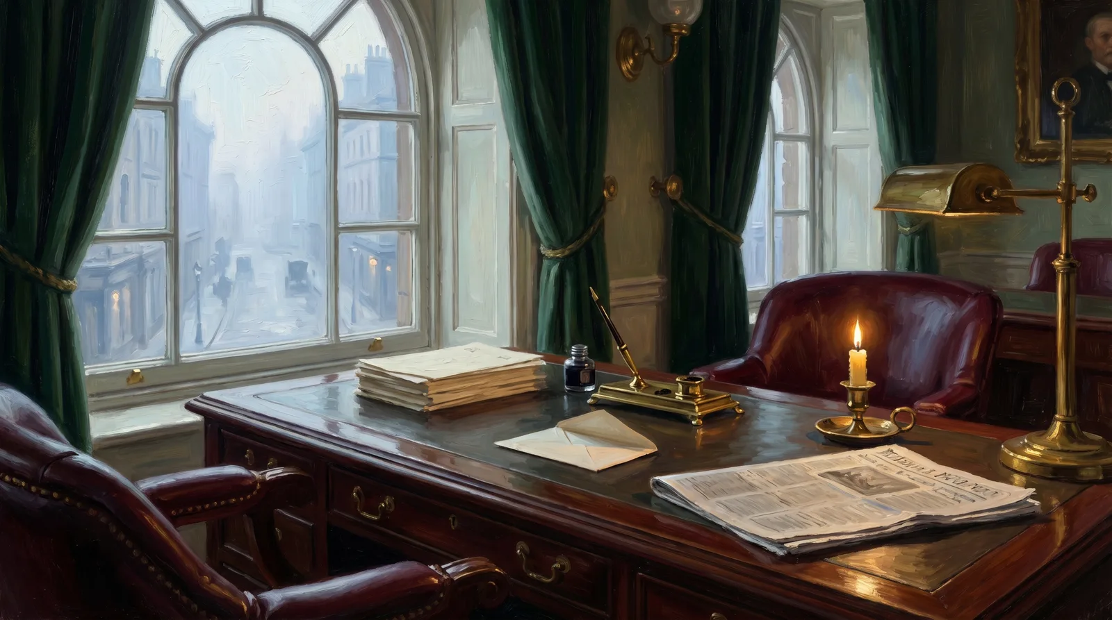 Painterly writing desk at dawn with fountain pen